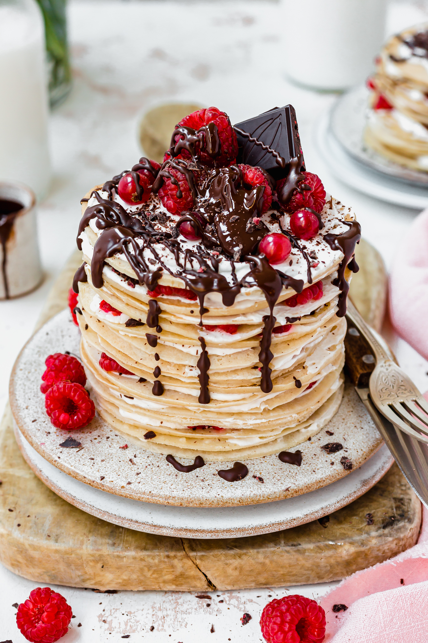 The top of a Chocolate Raspberry Crepe Cake