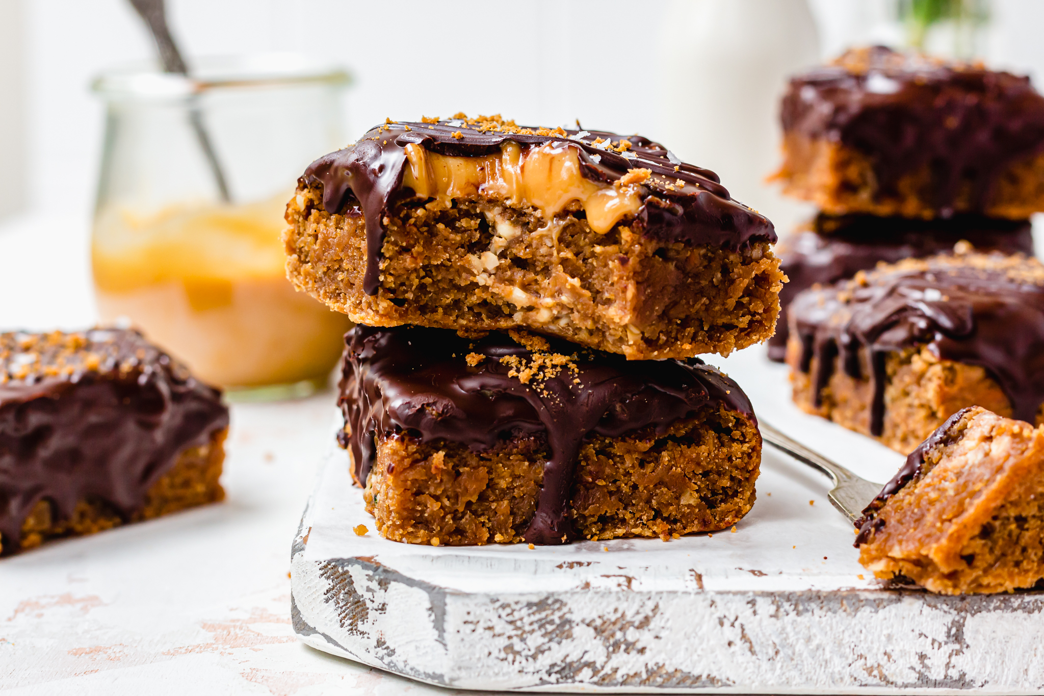 Chocolate Salted Caramel Blondies on a wooden board