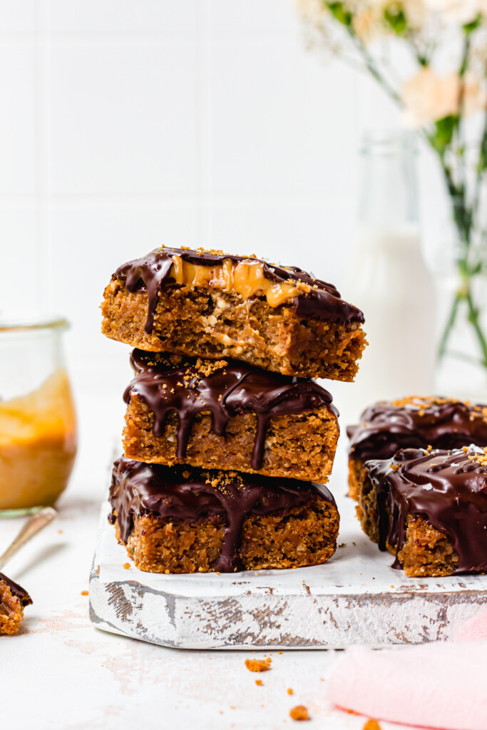 A stack of 3 Chocolate Salted Caramel Blondies