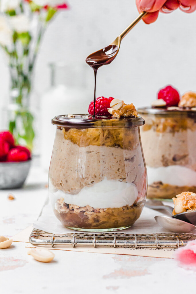Easy Vegan Snickers Oats with chocolate drizzling