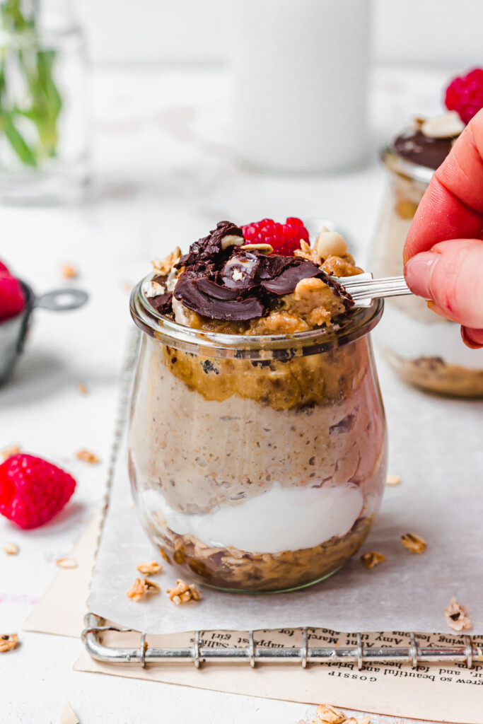 Easy Vegan Snickers Oats with a spoon