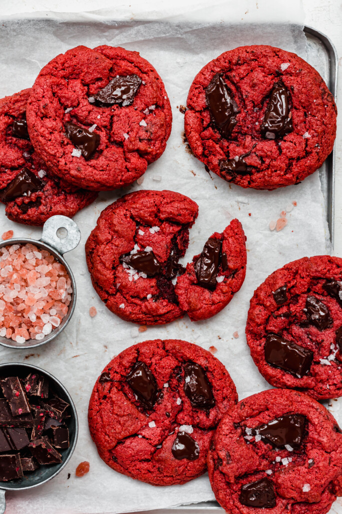 Red Velvet Chocolate Chip Cookies on a metal tray