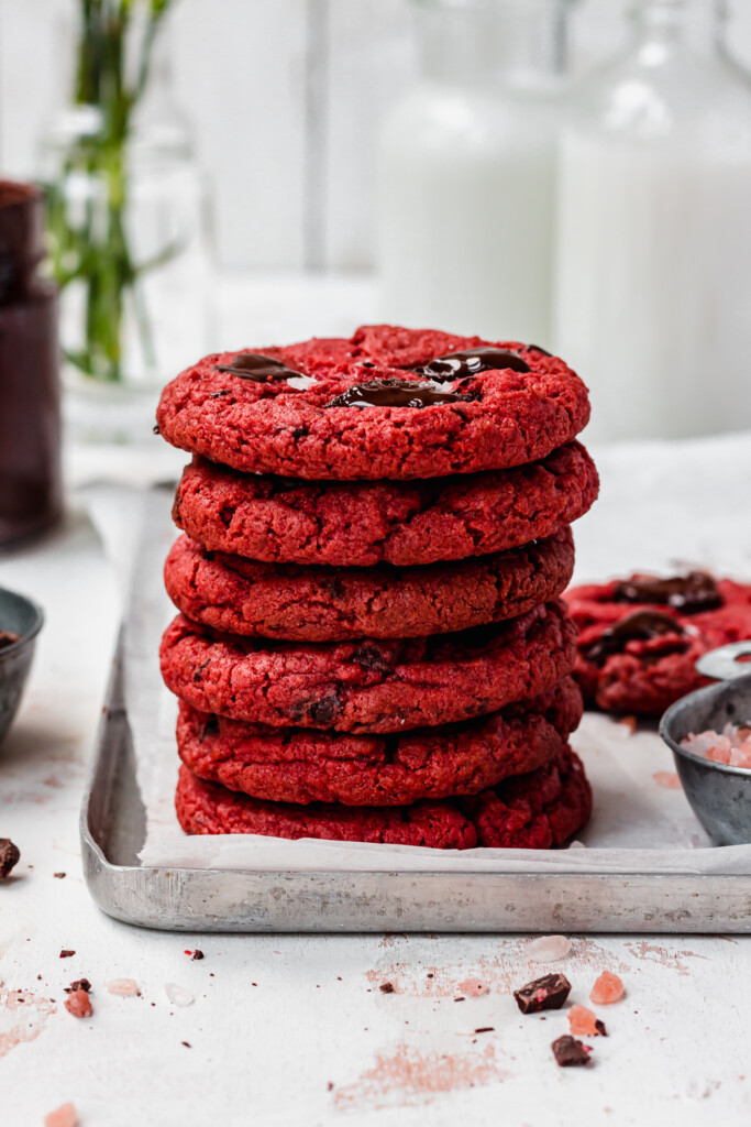 A stack of 6 Red Velvet Chocolate Chip Cookies
