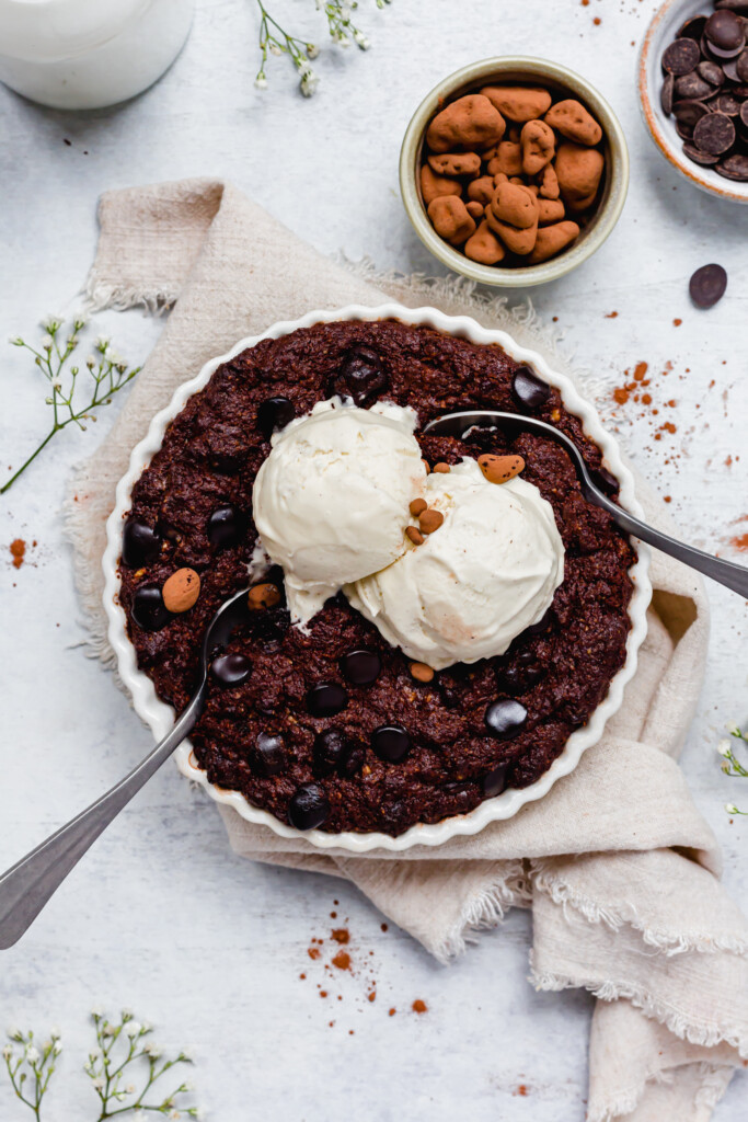 Vegan Chocolate Brownie Skillet for 2 with two spoons and ice cream