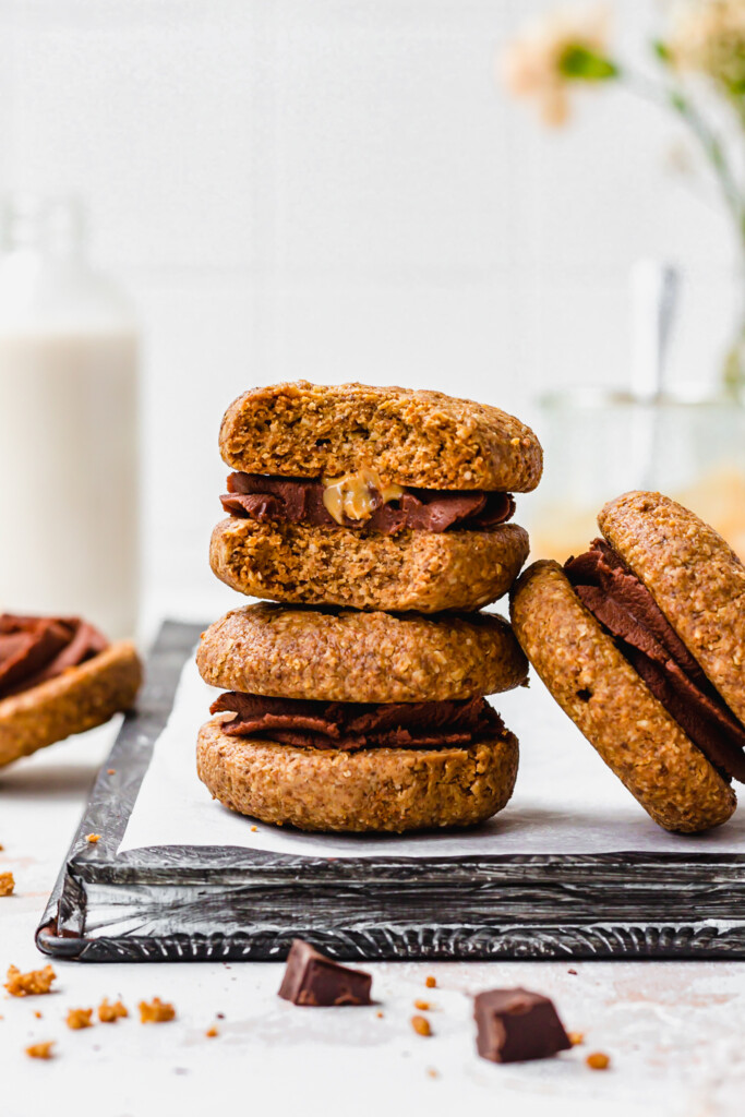 A stack of two Chocolate Filled Peanut Butter Cookie Sandwiches