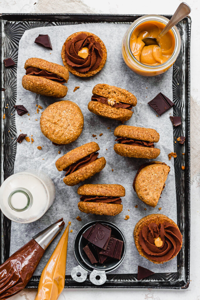 A tray of Chocolate Filled Peanut Butter Cookie Sandwiches