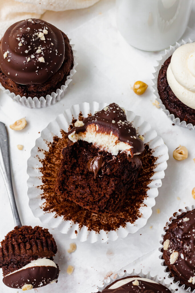 Looking down on Chocolate Hazelnut Dipped Cupcakes