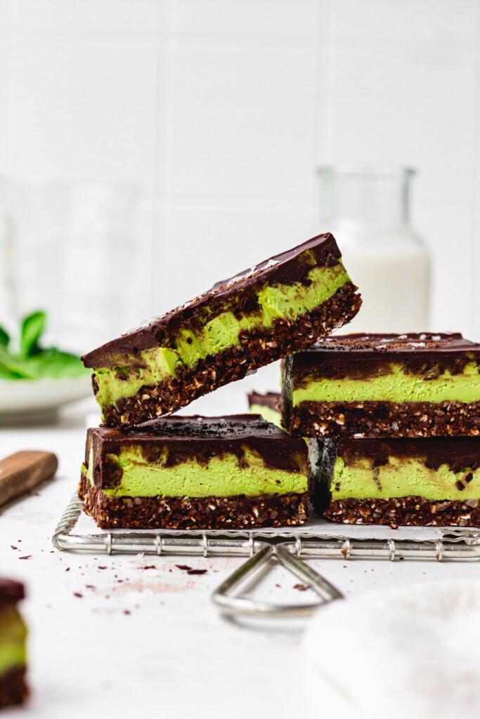 A pile of Chocolate Mint Cheesecake Slices