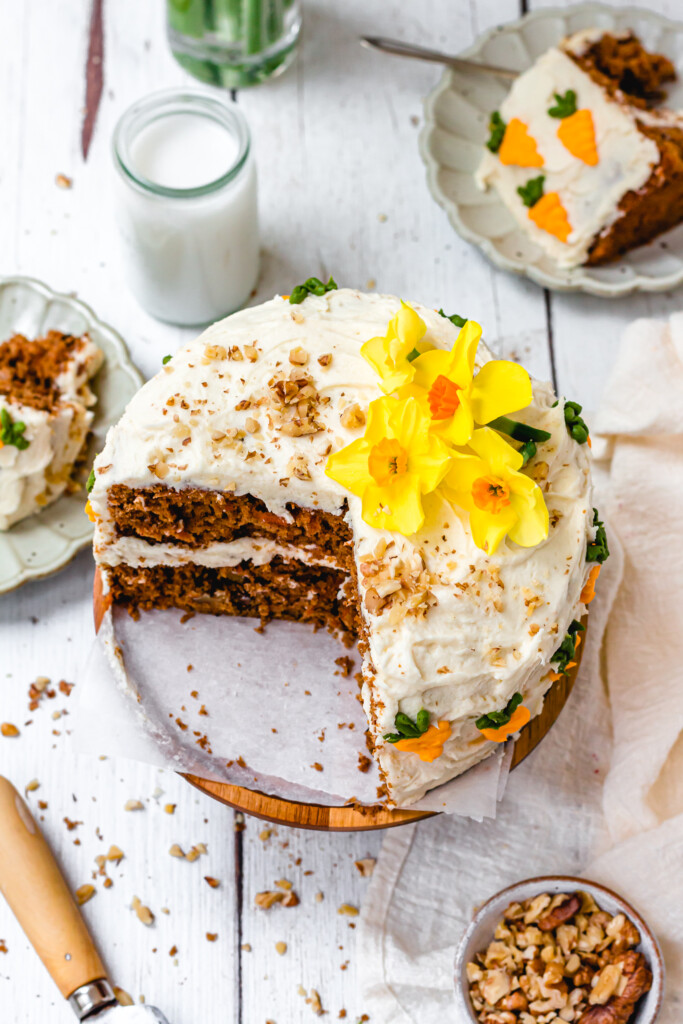 The top of a Vegan Carrot Cake with Orange Buttercream