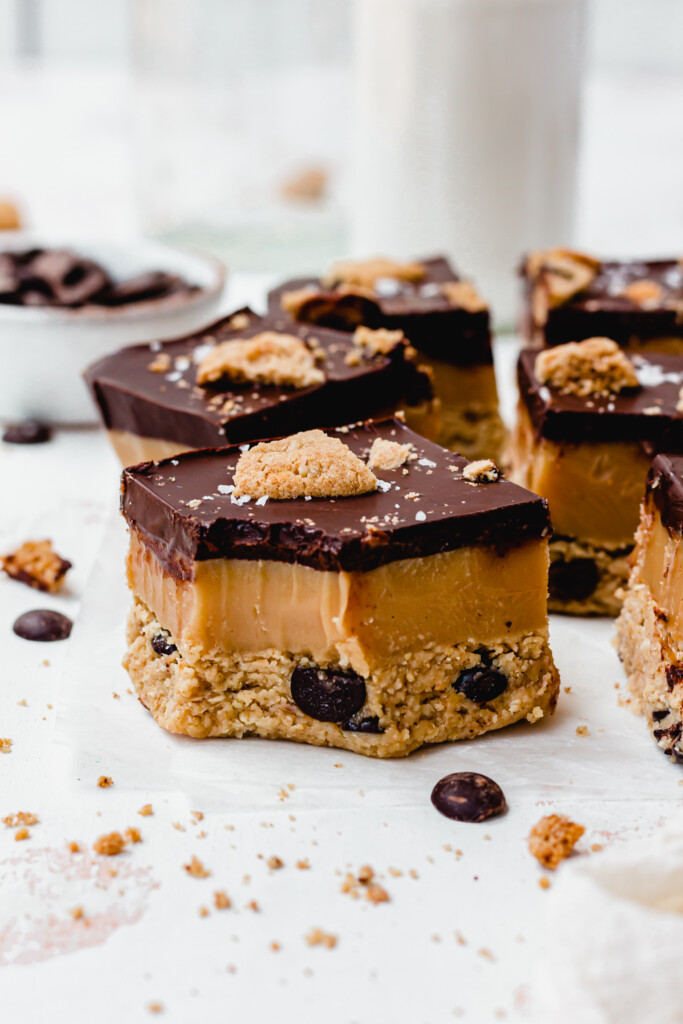Close up of Cashew Chocolate Chip Cookie Caramel Bars