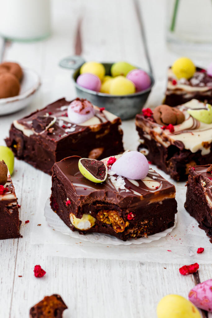 Vegan Chocolate Easter Fudge on a wooden backdrop