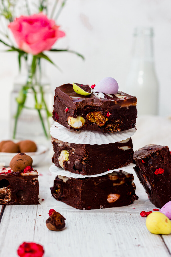 A stack of three squares of Vegan Chocolate Easter Fudge