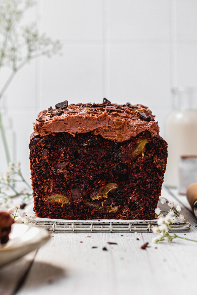 Double Chocolate Fig Loaf Cake with chocolate frosting