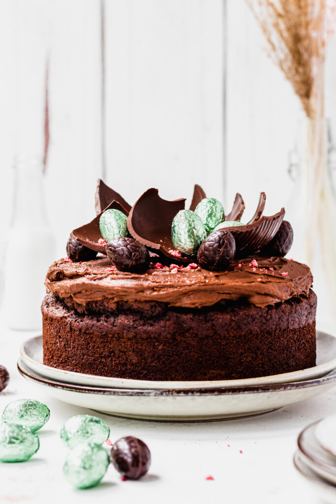 A Vegan Easter Egg Chocolate Cake on a plate