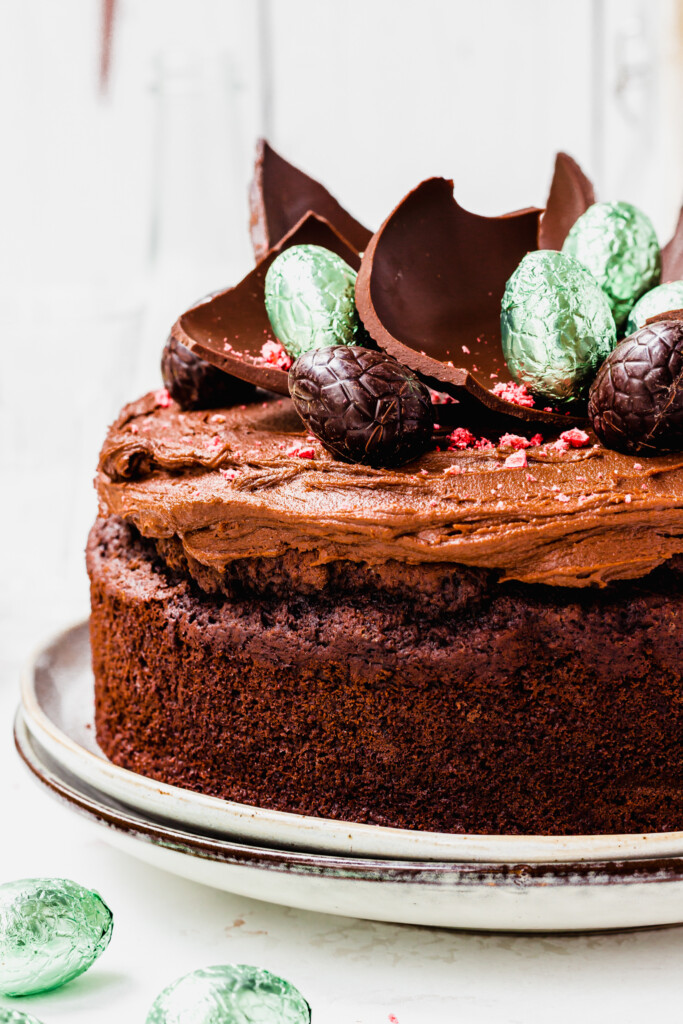 Close up of Vegan Easter Egg Chocolate Cake