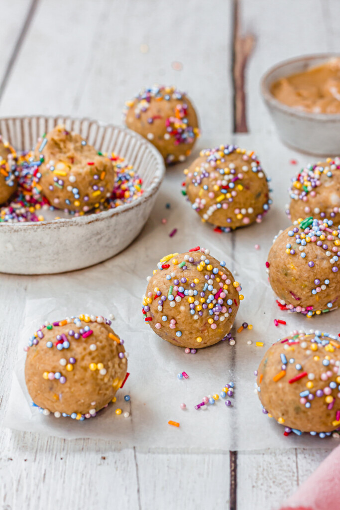 Funfetti Protein Cookie Dough Balls with sprinkles