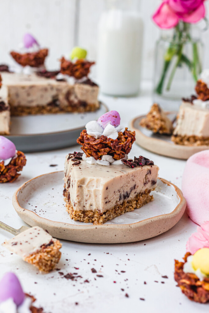 A slice of Vegan Easter Cheesecake on a small plate
