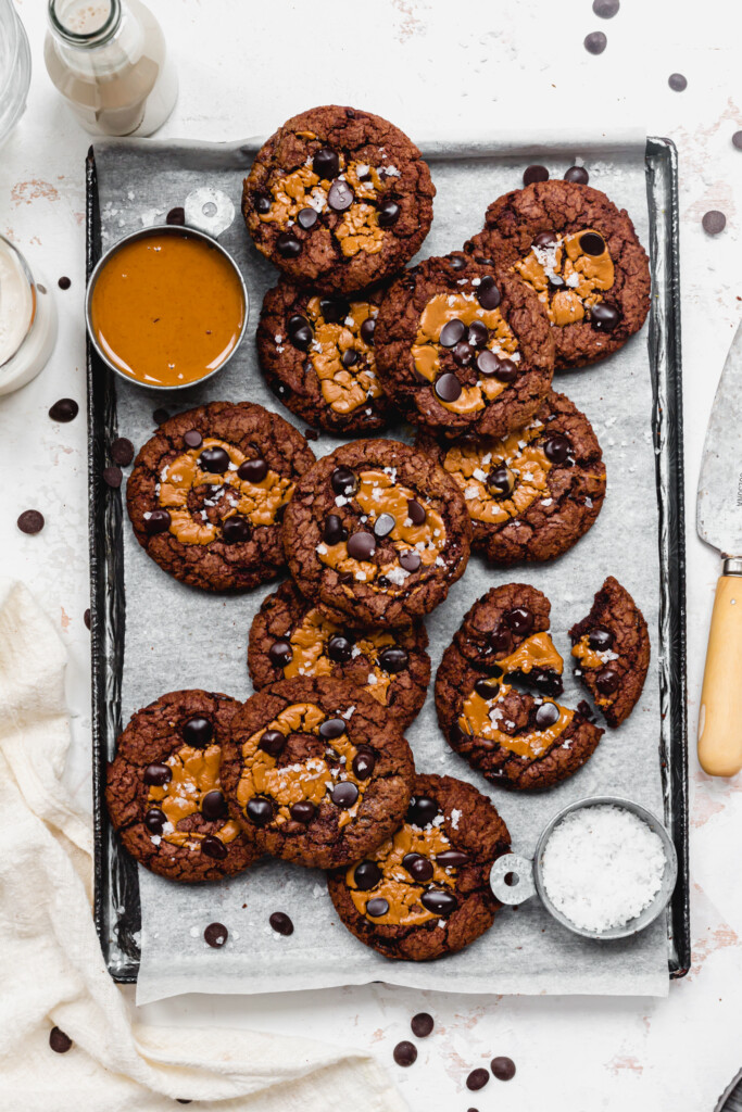 A tray of Vegan Peanut Butter Chocolate Brownie Cookies
