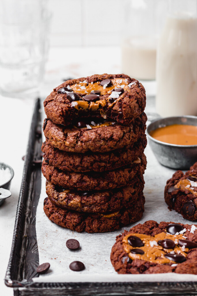 A tower of Vegan Peanut Butter Chocolate Brownie Cookies