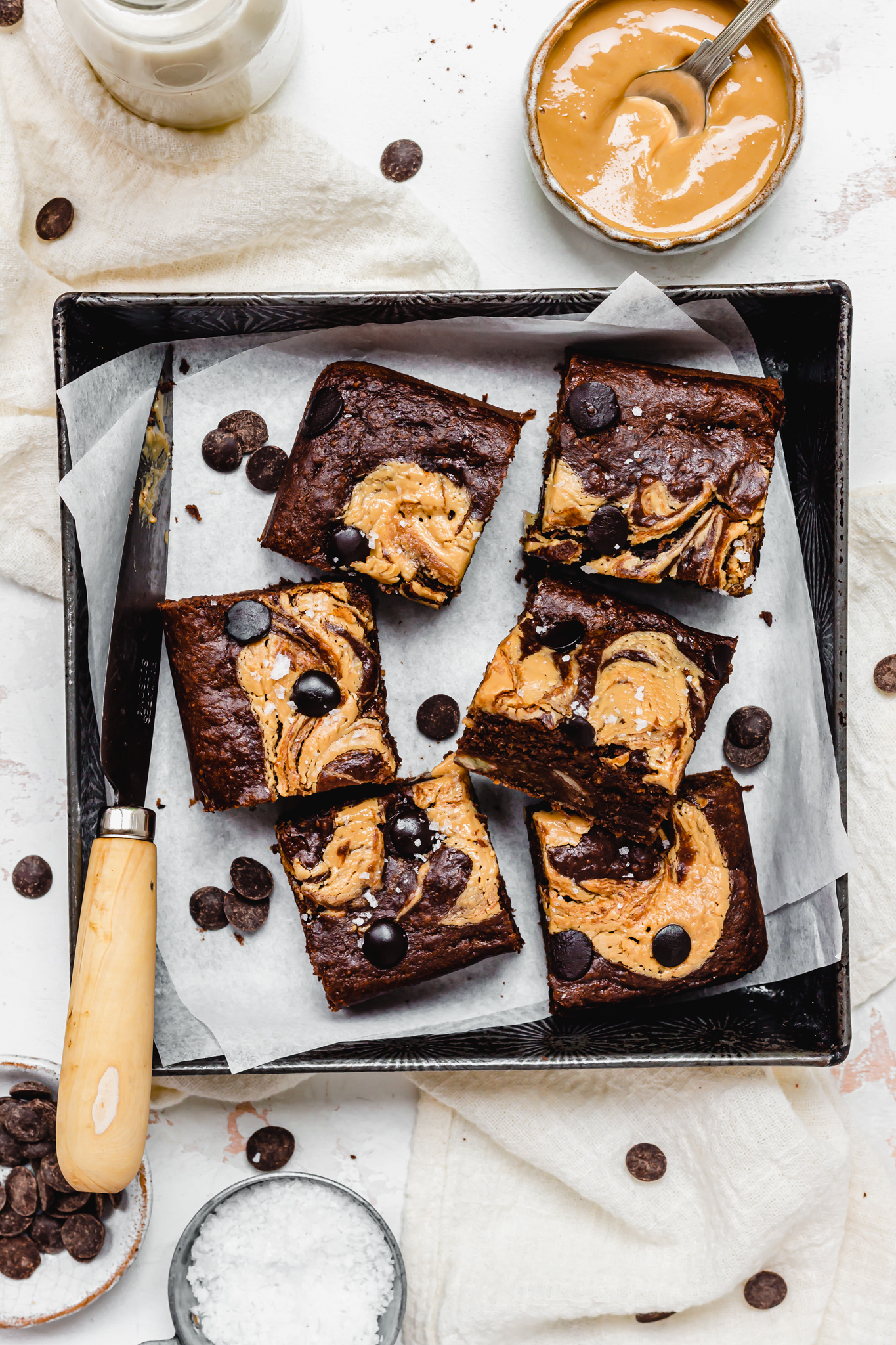 Chocolate Banana Bread Peanut Butter Brownies in a metal tray