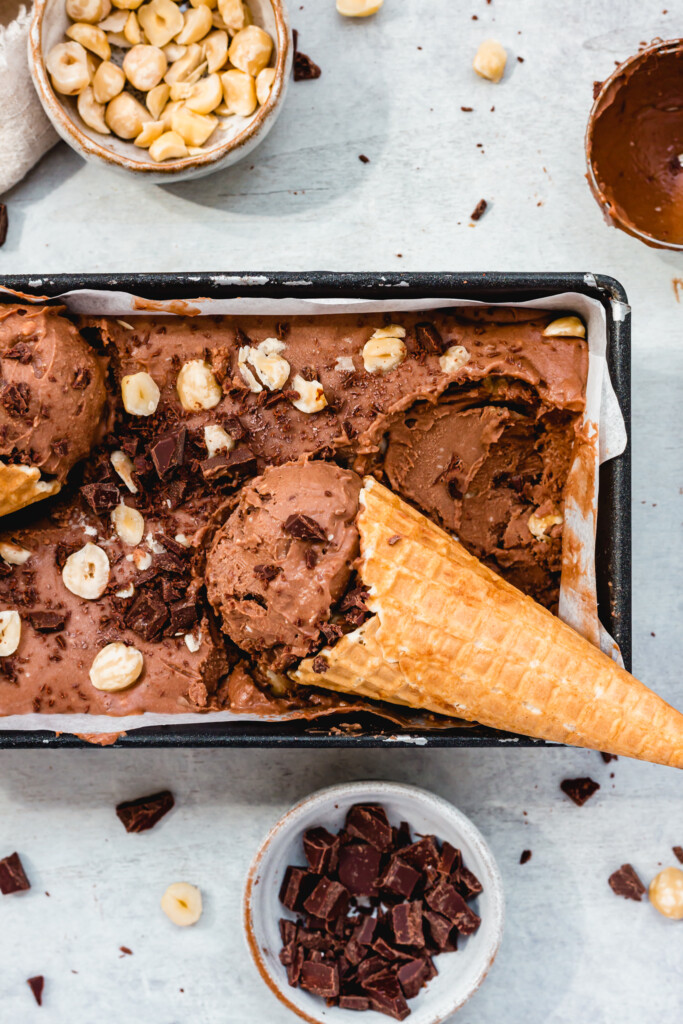Close up of a cone with Double Chocolate Hazelnut Ice Cream (Vegan No-Churn)