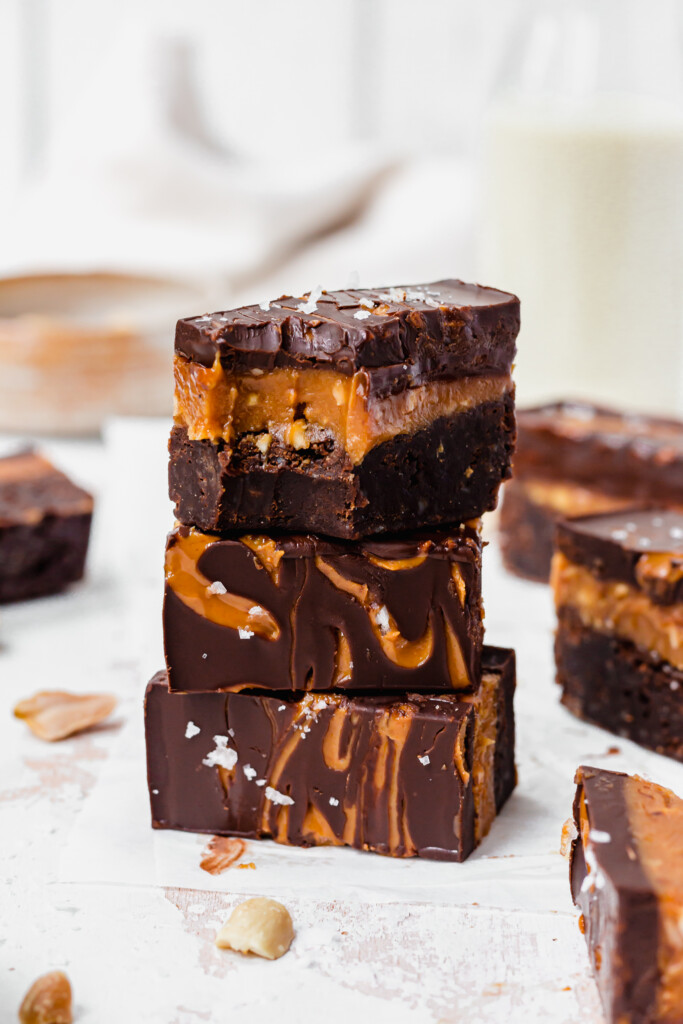 A stack of three Snickers Caramel Brownies