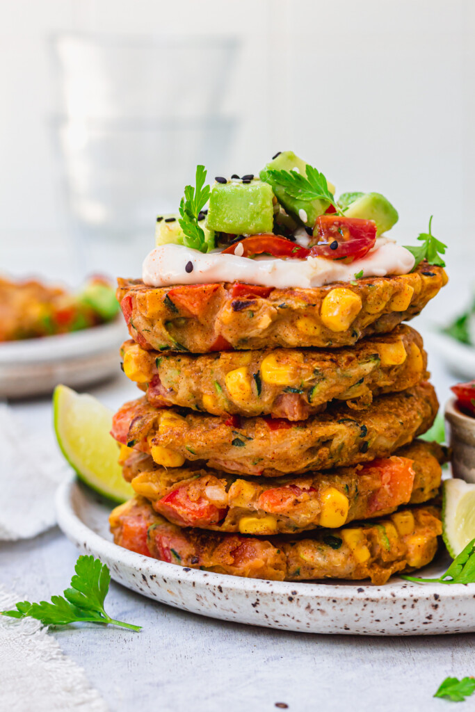 Close up of a stack of Sweetcorn Red Pepper Fritters