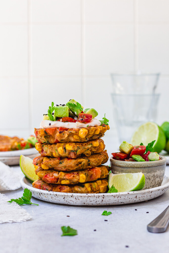 A stack of Sweetcorn Red Pepper Fritters