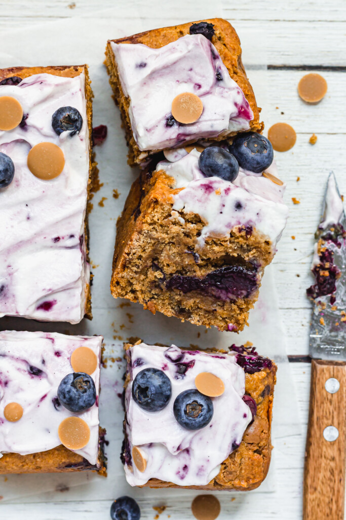 A side of piece of White Chocolate Blueberry Blondie Cake