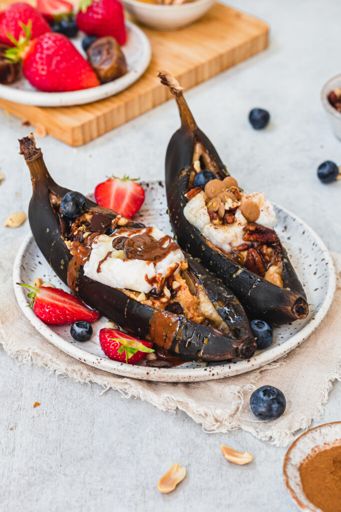 Air Fryer Banana Splits Two Ways with snickers and white chocolate pecan