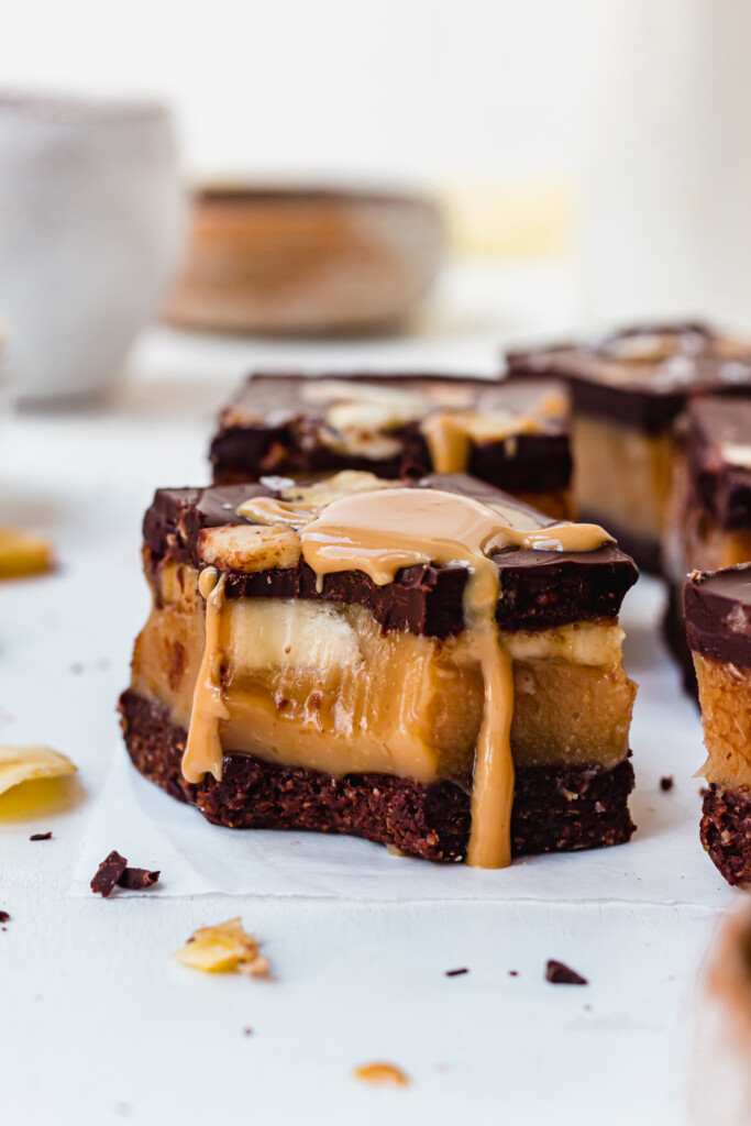 Chocolate Peanut Butter Banana Caramel Squares with peanut butter