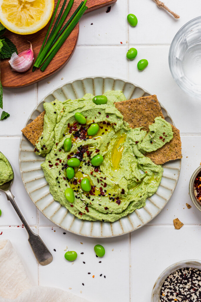 Edamame and Butterbean Hummus with two crackers
