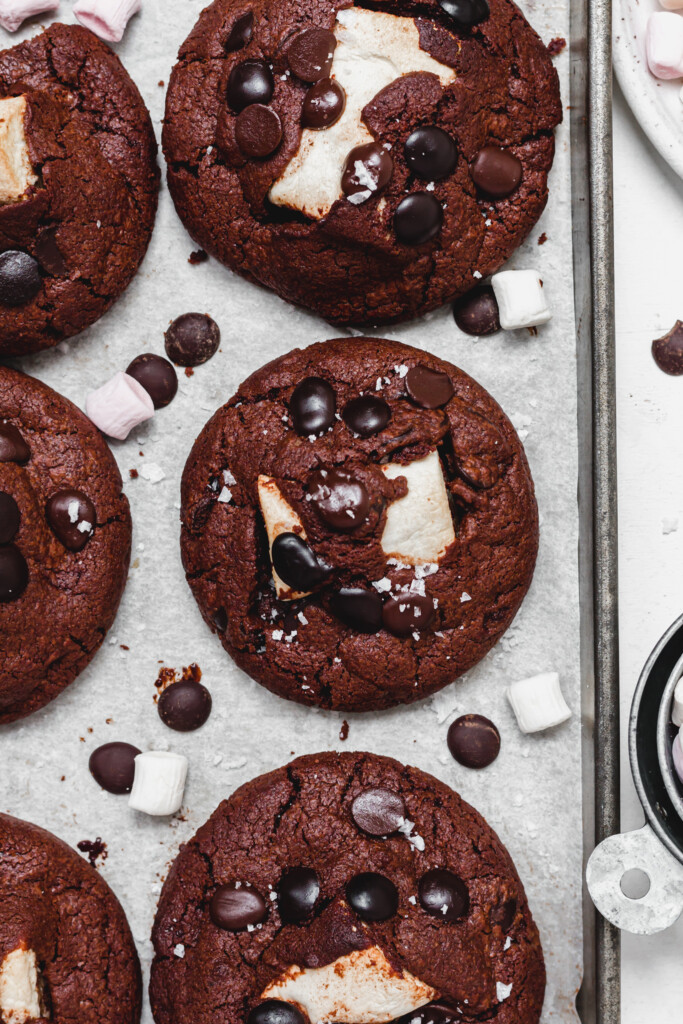 Marshmallow Chocolate Brownie Cookies on a baking tray