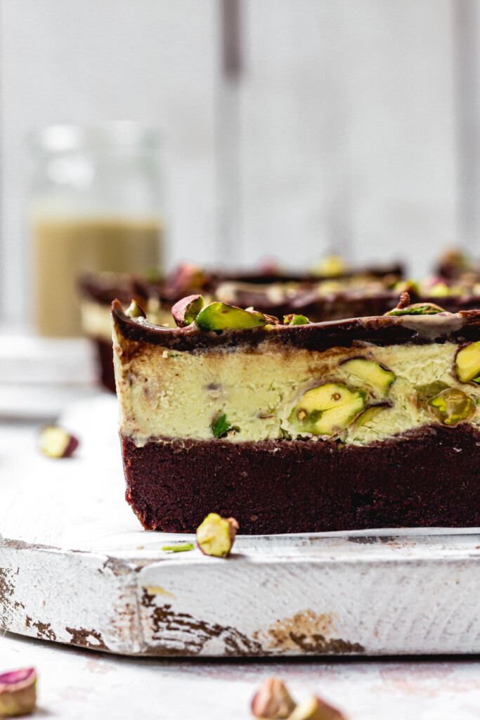 Close up of a Pistachio Ice Cream Brownie Slices