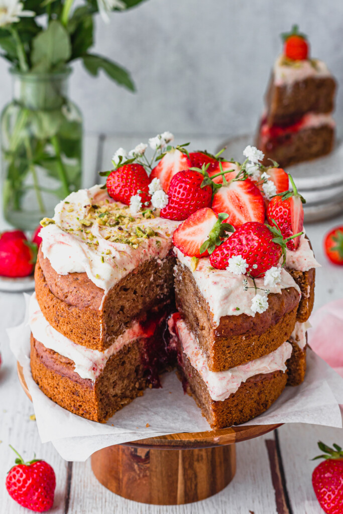 Strawberries and Cream Banana Bread with a slice missing