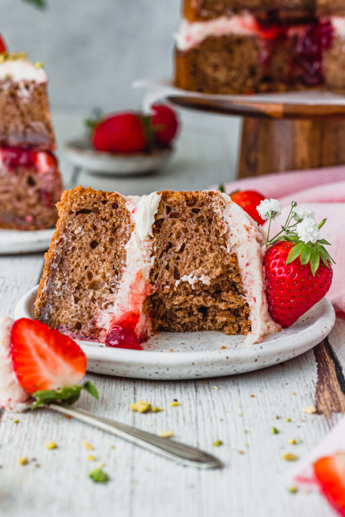 Strawberries and Cream Banana Bread on a small white plate