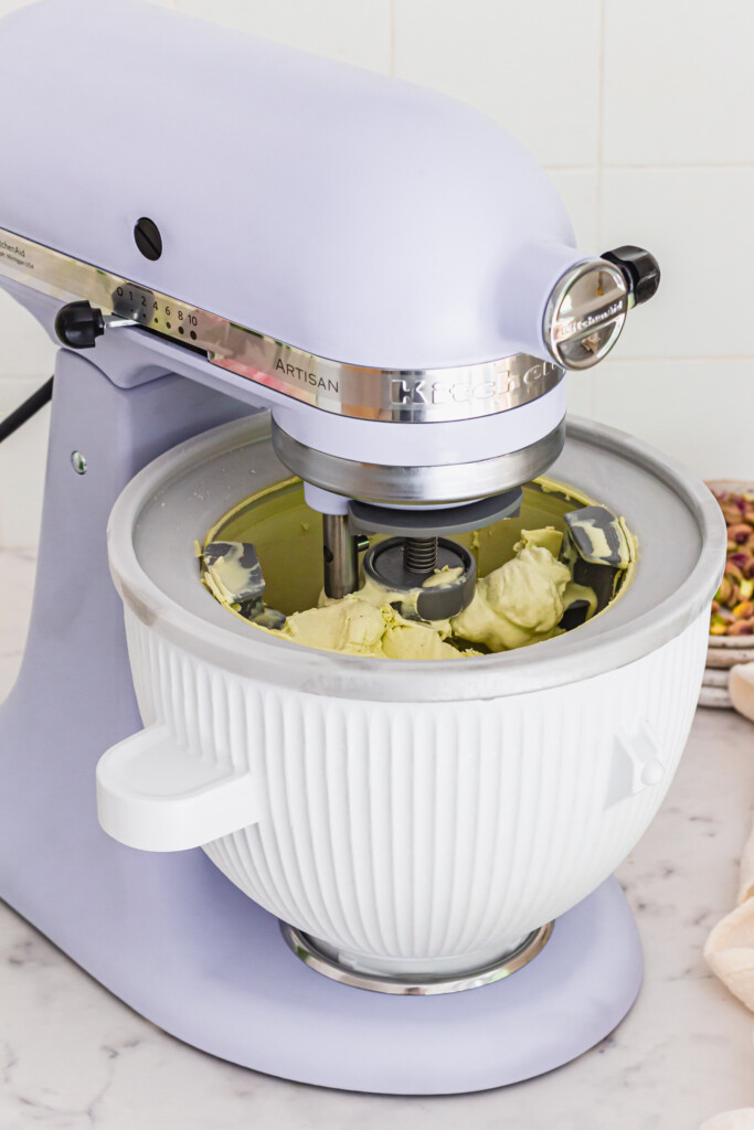 Making Tahini Pistachio Ice Cream in an ice cream machine