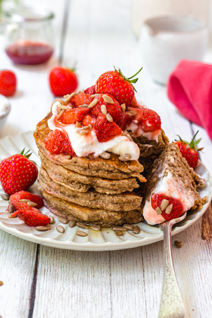 Strawberries and Cream Vegan Protein Pancakes