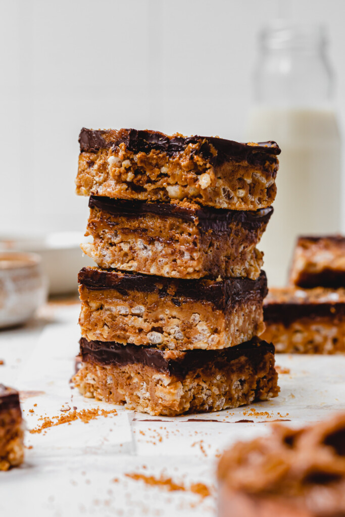 A stack of four Biscoff Chocolate Crispy Bars