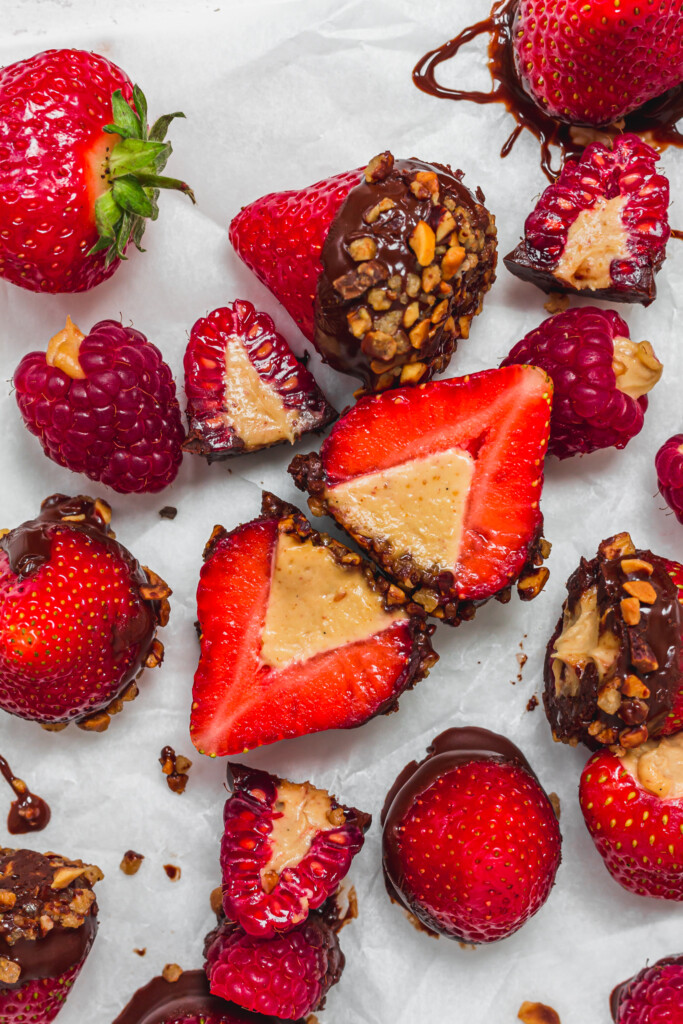 Close up of Cheesecake Stuffed Strawberries and Raspberries