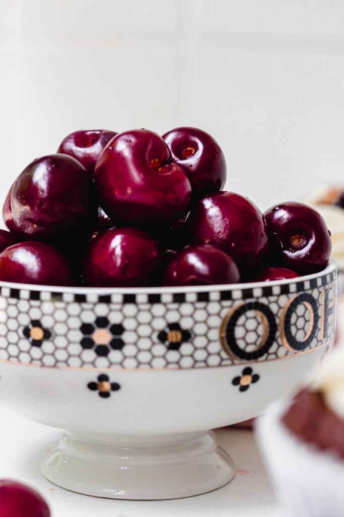Close up of a bowl of Picota Cherries