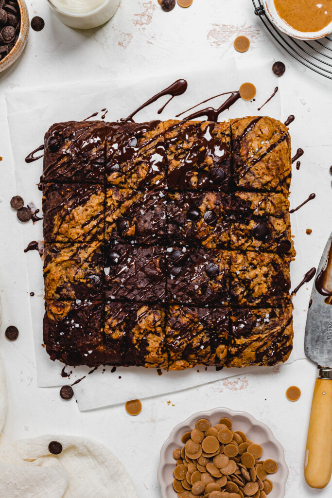 Chocolate Chip Cookie Brownie Bars cut up into 16 squares