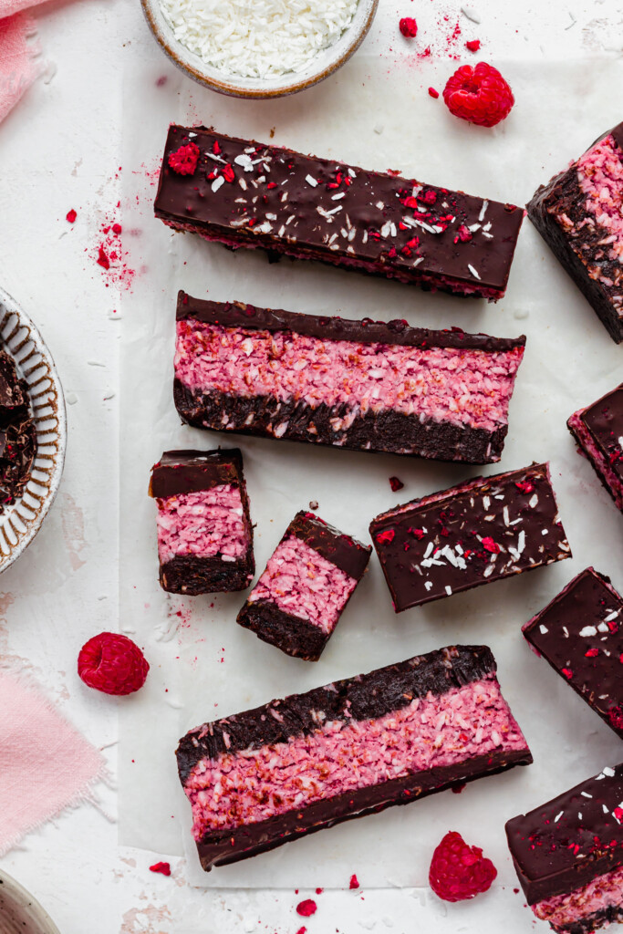 Side on shot of some Chocolate Raspberry Coconut Slices