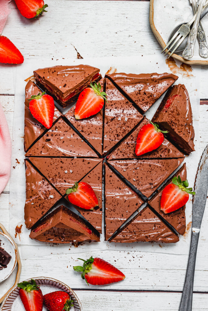 Chocolate Strawberry Mousse Bars cut up into triangles