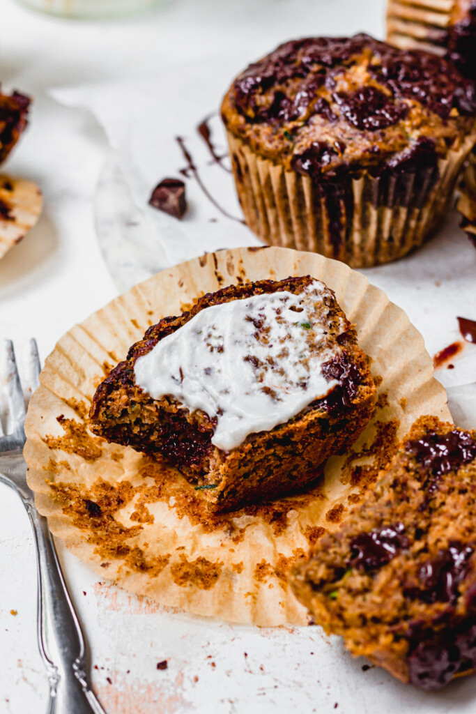 Half a Chocolate Chunk Courgette Muffin with yoghurt
