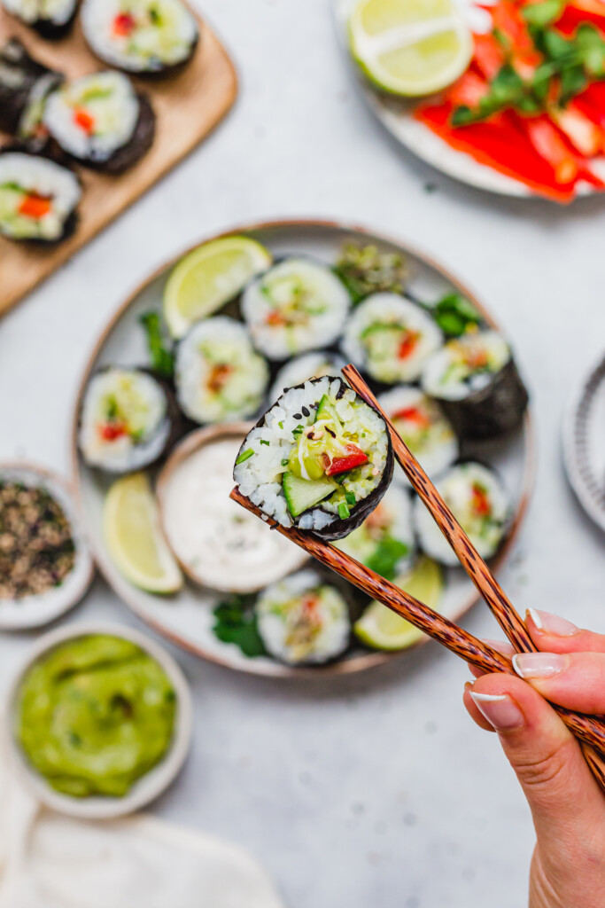 Close up of a Garlic Cucumber and Avocado Sushi Roll