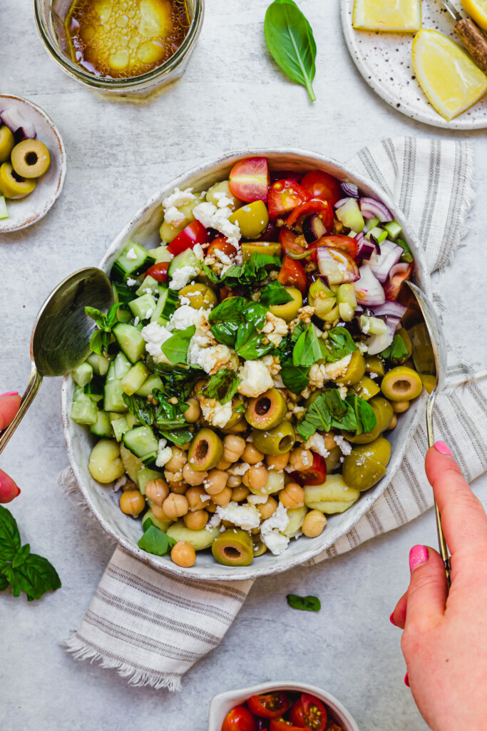 Gnocchi Chickpea and Feta Salad with two salad servers