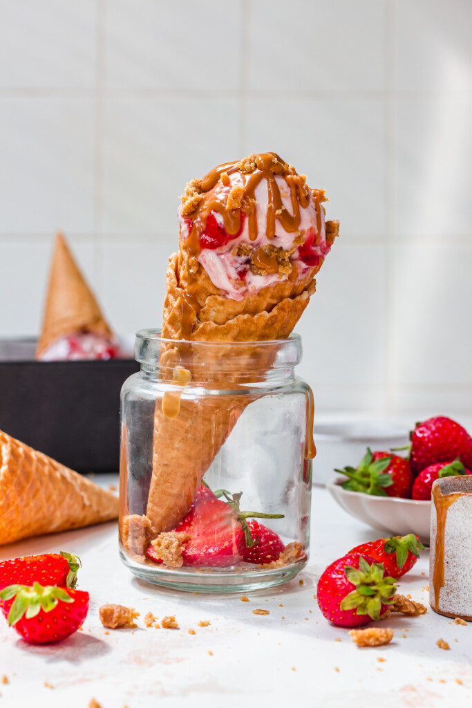 A cone of Strawberry Shortcake Ice Cream (No-Churn)