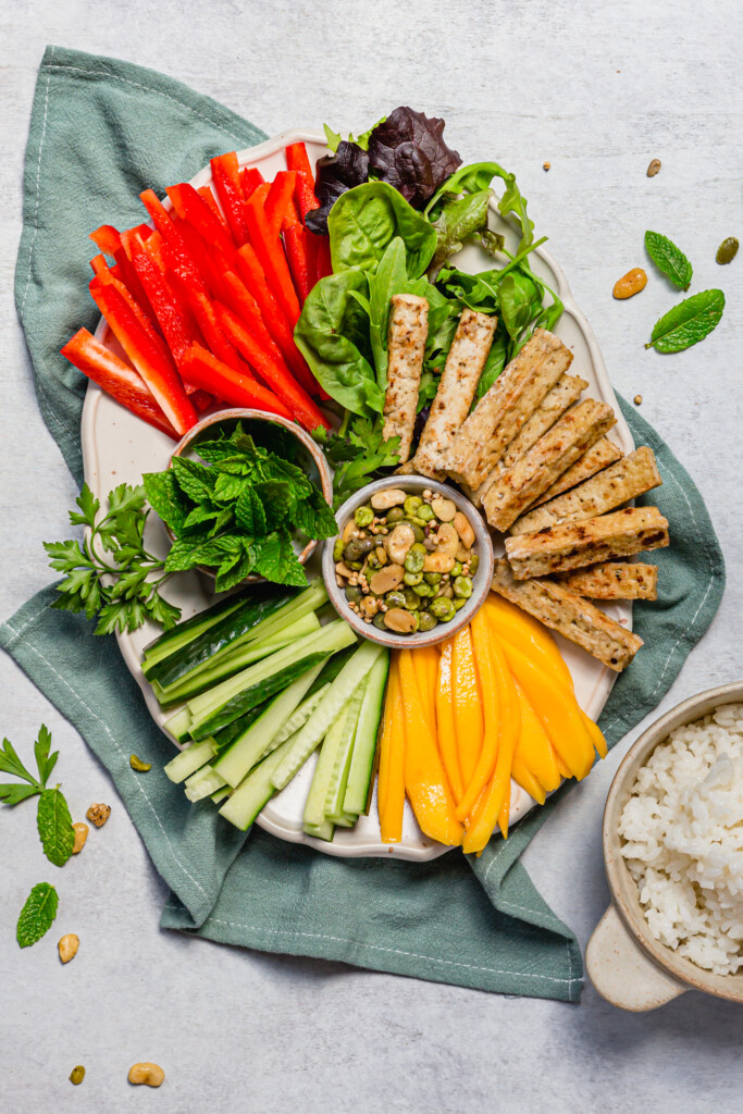 Platter of tofu and vegetables for Salt and Pepper Tofu Summer Rolls