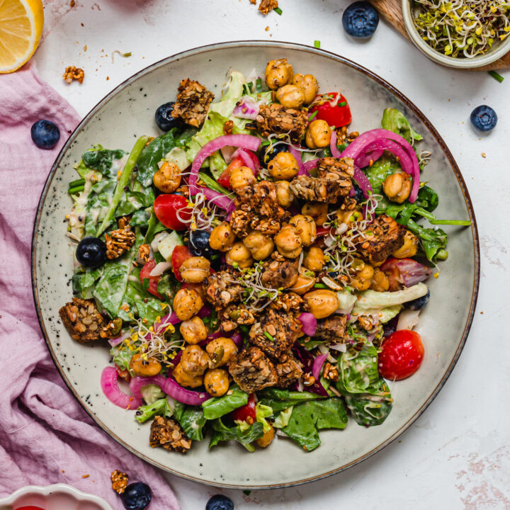 Crispy Chickpea Crouton Salad with Balsamic Dressing on a plate